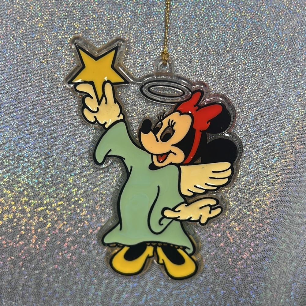 Disney ornament Minnie Mouse holding star vintage clear green red black cute